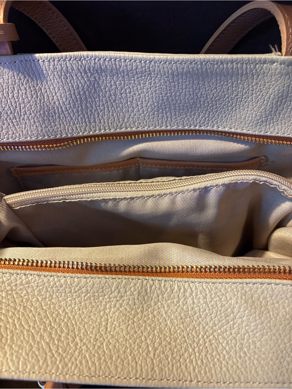 White and Tan Leather Tote Bag with Accent Trim - Picture 5 of 7